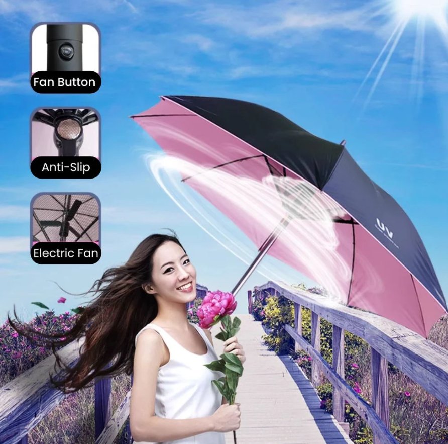 Stay Cool in Style – 2-in-1 Fan + Umbrella Magic! ابقَ منتعشًا بأناقة – مظلة ومروحة في تصميم واحد ساحر!